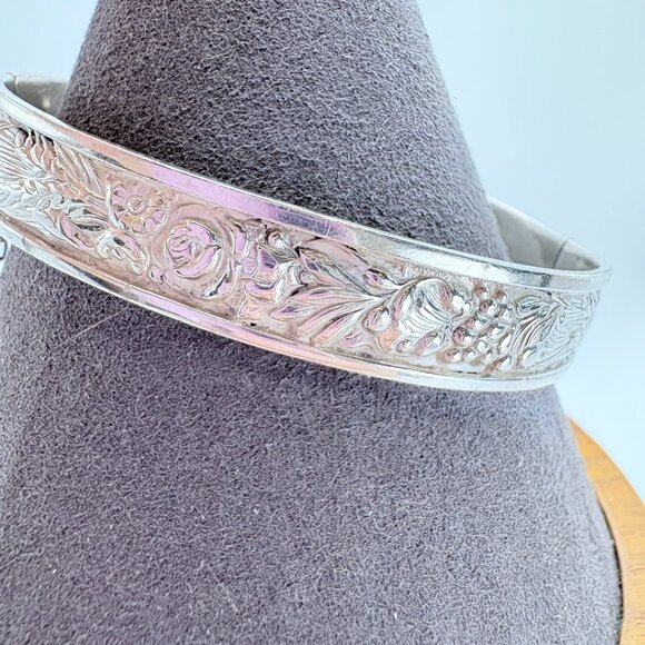 Antique Sterling Silver 925 Rose Flower Design Hinged Bangle Bracelet Size L - Picture 3 of 10